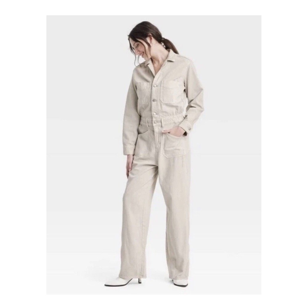 Women's Denim Baggy Tan long sleeve Button Up Jumpsuit - Universal Thread Size 4